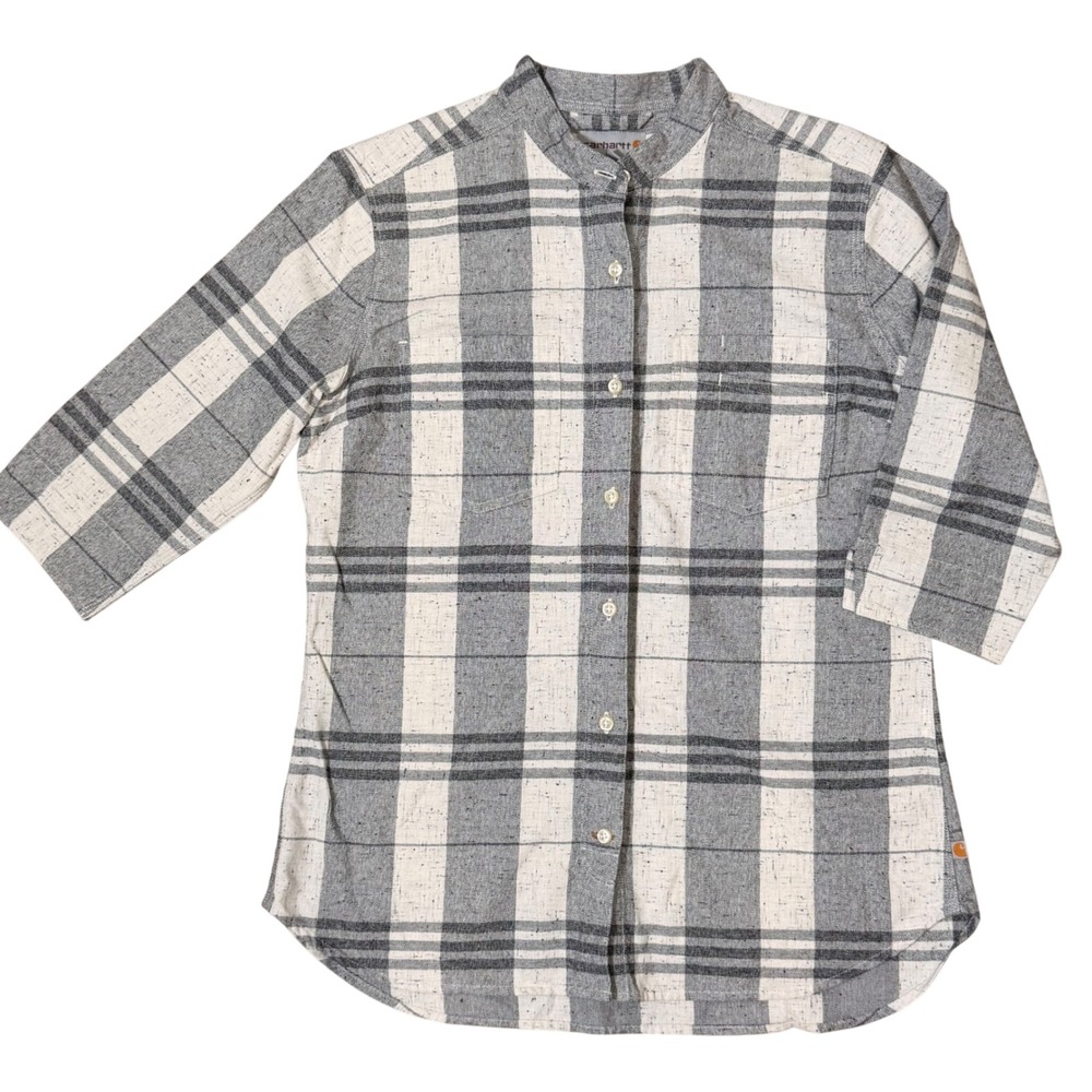 Carhartt Twilight Relaxed Fit Cotton 3/4 Sleeve Plaid Shirt (M) Gray Womens